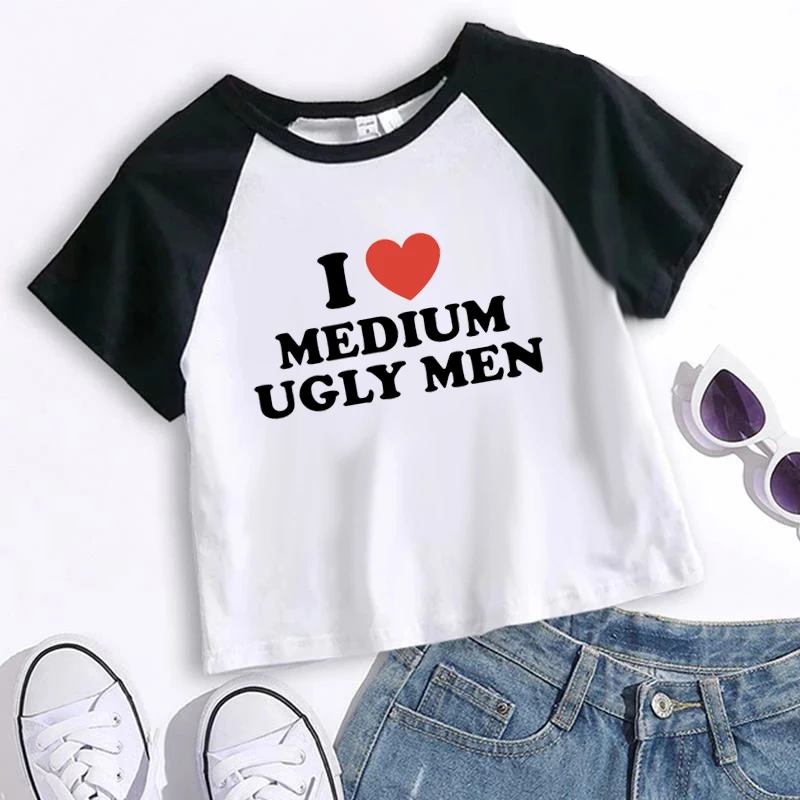 I Love Medium Ugly Men Y2k Crop Tops Summer Short Sleeve Letter Vintage Graphic Women\'s T-Shirt Slim Baby Tee E-Girl Streetwear