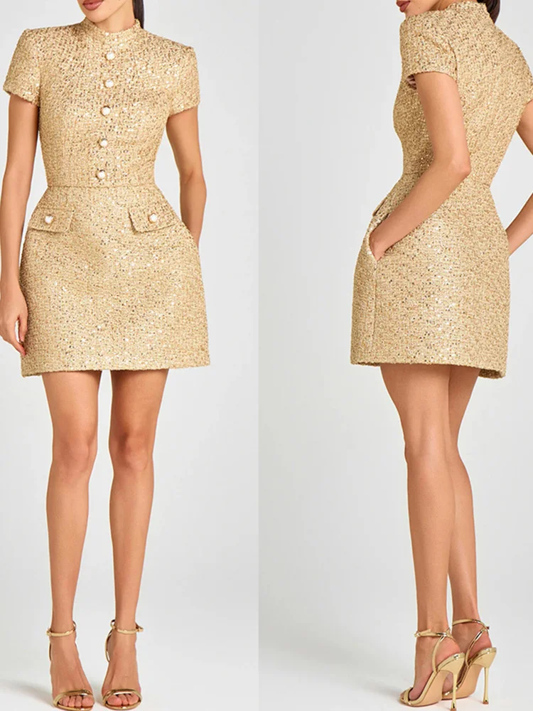 DFCF vestido elegante para mujer moda Vintage vestidos de manga corta botón sólido cuello alto Mini 2026 nuevo vestido de primavera verano