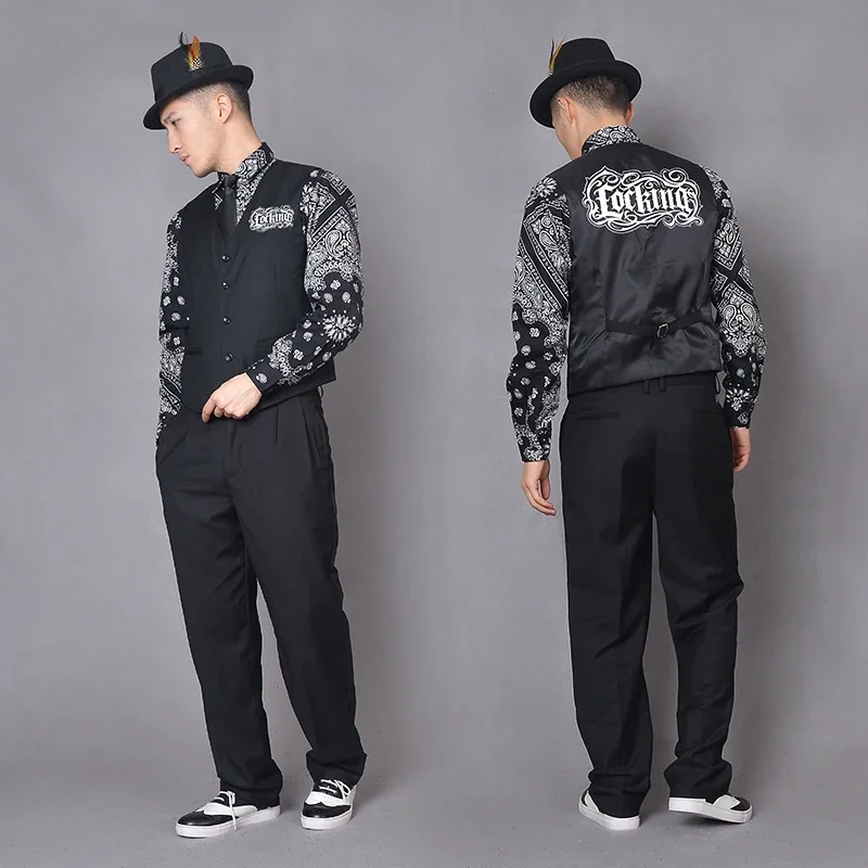 America Trend Street Hip-Hop Stage Dance Wear Locking Printed Vest and Trousers Set Europe Breaking Hippop Dancing Suit