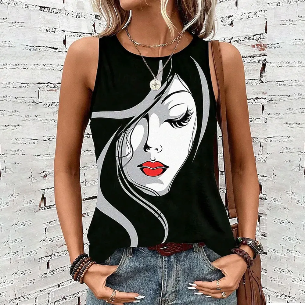 New Tank Top Abstract Face Printed Women\'s Round Neck Sleeveless T-Shirt Slim Fit Top Retro Style Women\'s Basic Pullover T-Shirt