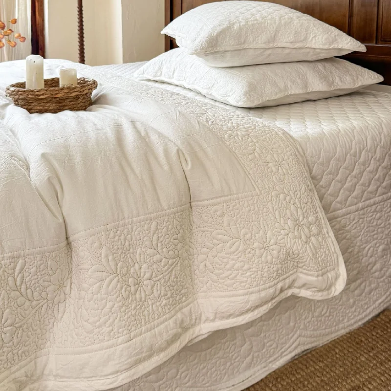 French Embroidered Linen Cotton Quilted Bedspread Set 4-Piece Vintage Multi-functional Coverlet Duvet Cover with 2 pillowcases