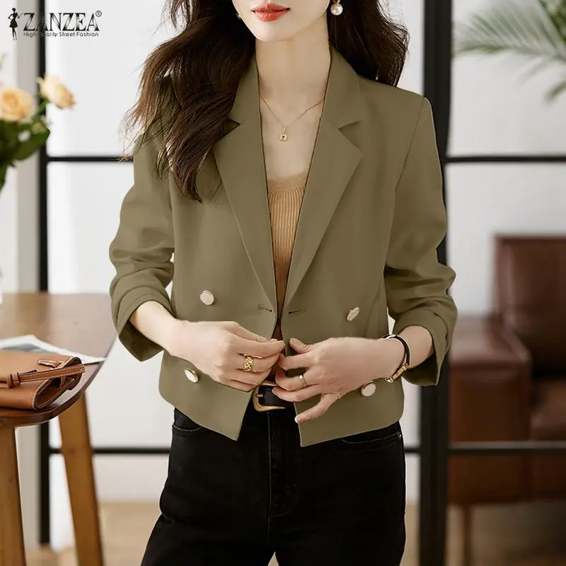 

ZANZEA Elegant Women's Blazer Spring Long Sleeve Lapel Neck Double-Breasted Solid Color Short Suit Jackets Fashion Woman Clothes
