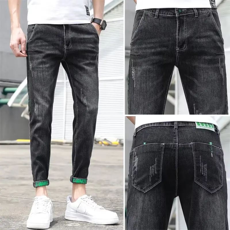 

Мужские джинсы Slim Fit, весна-лето, в корейском стиле, эластичные, повседневные, универсальные, укороченные (до щиколотки), для молодежи, для повседневной носки