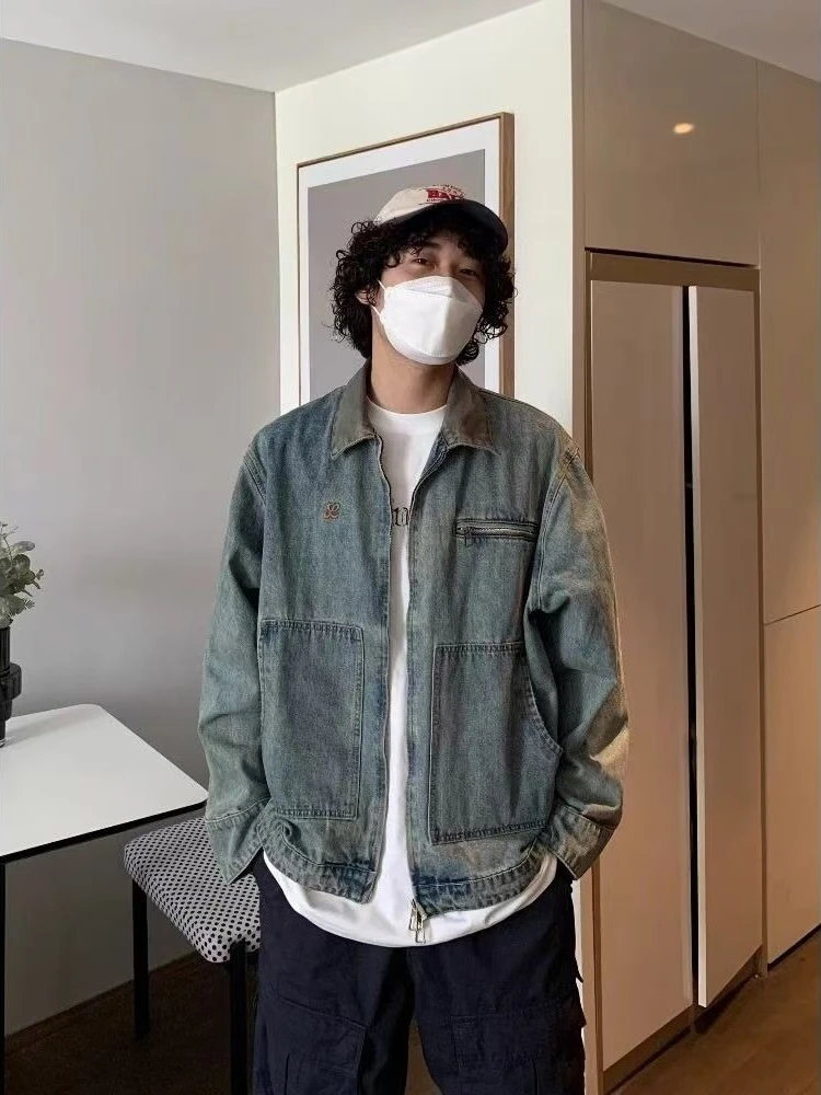 

Винтажная джинсовая куртка с воротником из искусственной кожи, вышитый значок и многомолния, оверсайз, весенне-осеннее повседневное пальто-карго, топ в американском стиле ретро