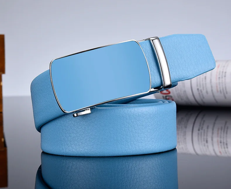 Breite 3cm 3,5cm Neues Design Herren- und Damen-Gürtel Zweischichtiges Rindsleder Automatische Schnalle Lässiger Ledergürtel Himmelblau Beliebte Farben 110cm – Detail 5