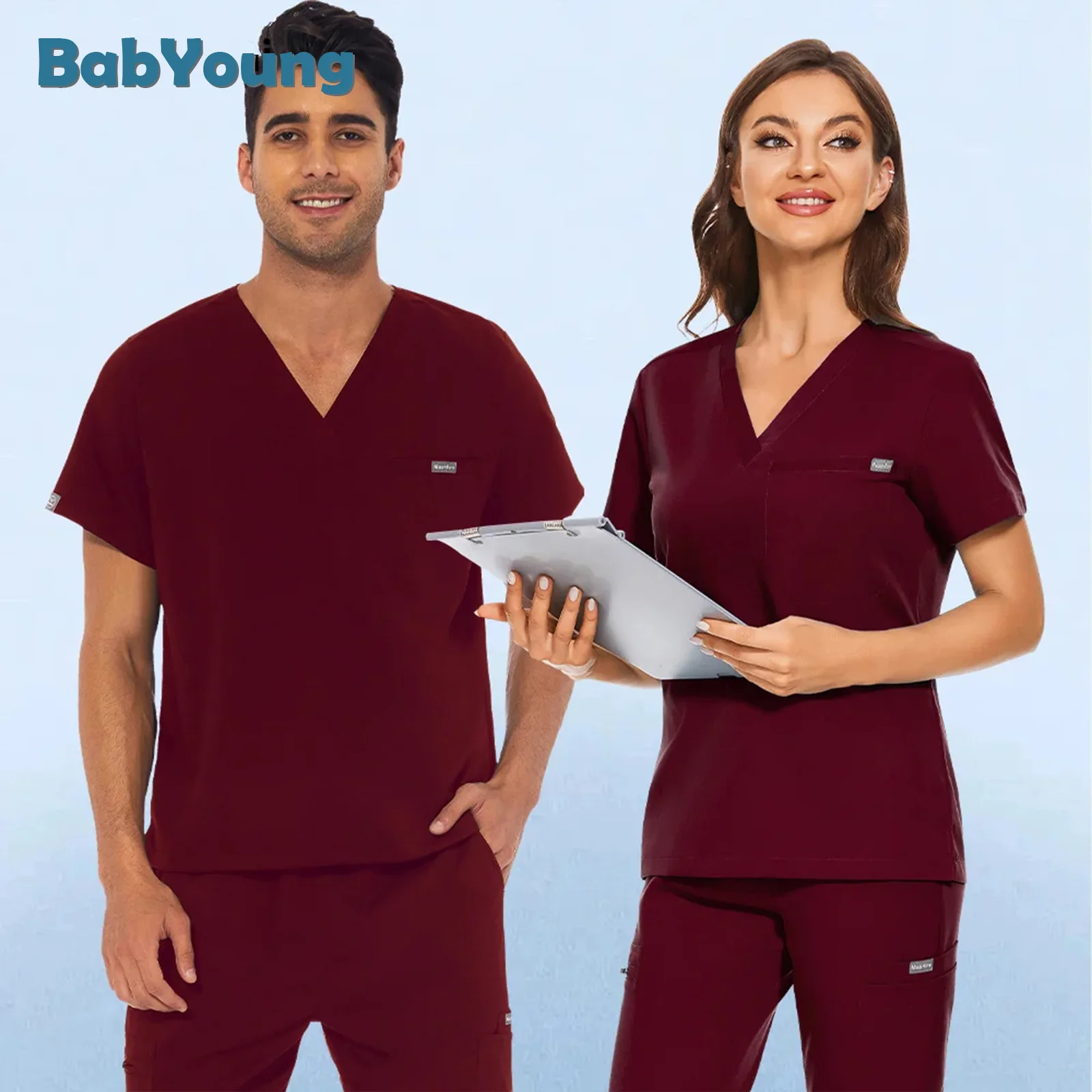 Unisex Medical Nurse Uniform Scrubs Tops Short Sleeve High Quality Mens Shirts Solid Color Jogger Blouse Doctor Workwear