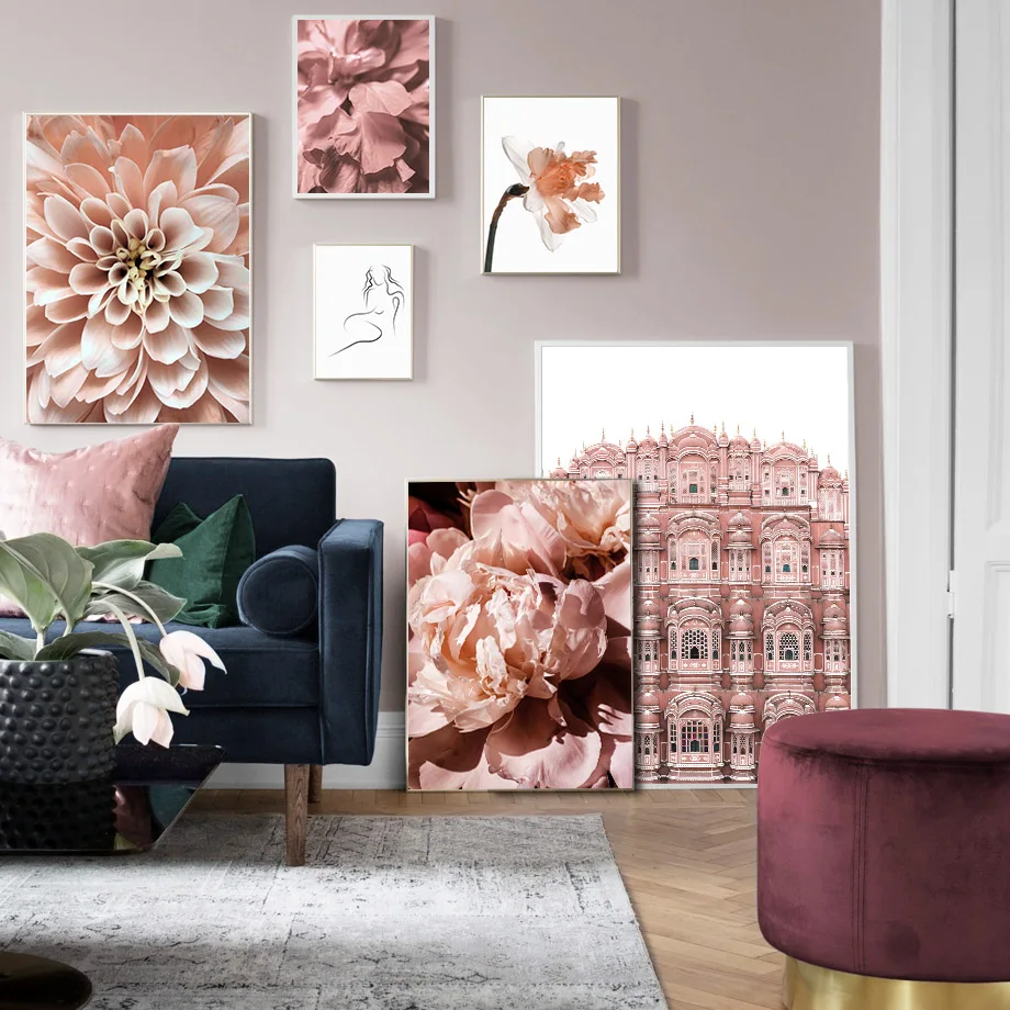 Blush Pink Flower Wall Art Mural Large Peony Dahlia Daffodil Prints Neutral Botanical Canvas Posters Home Decor for Living Room
