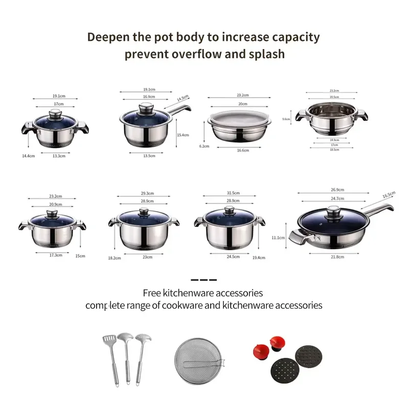 Stainless Steel Cookware Set Non Stick Frying Pan With Glass Lid Kitchen Cooking Pots And Pans Household Dinnerware Gift