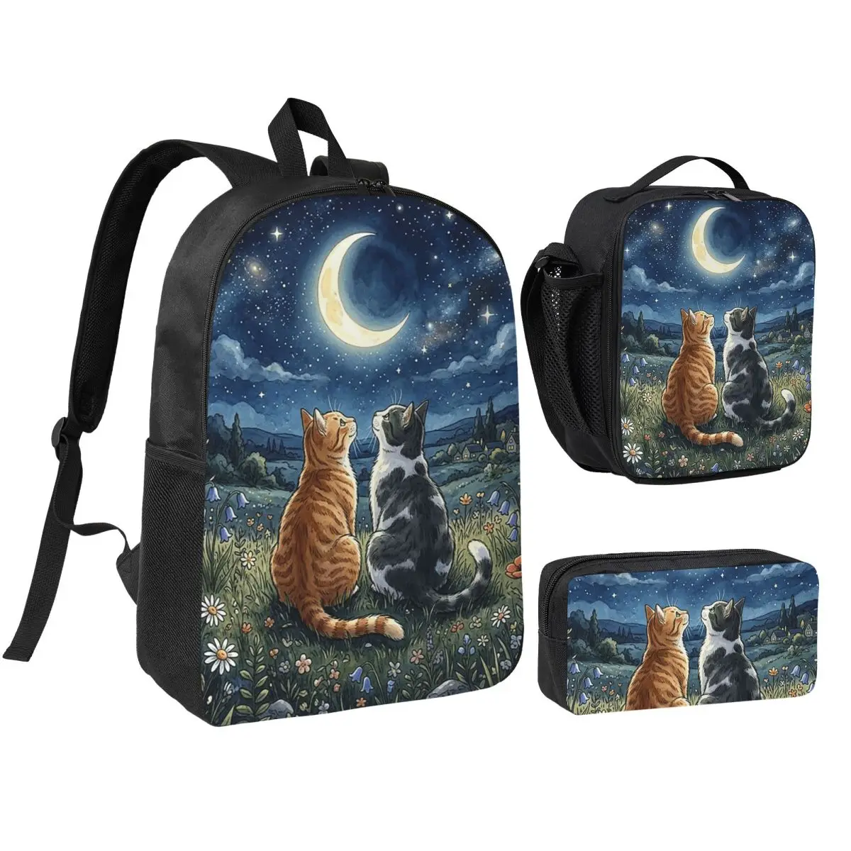 Starry Night Cats Artistic Backpack Student BookBag School Bag Shoulder Bags 3ps Insulated Lunch Bag Pencil Case