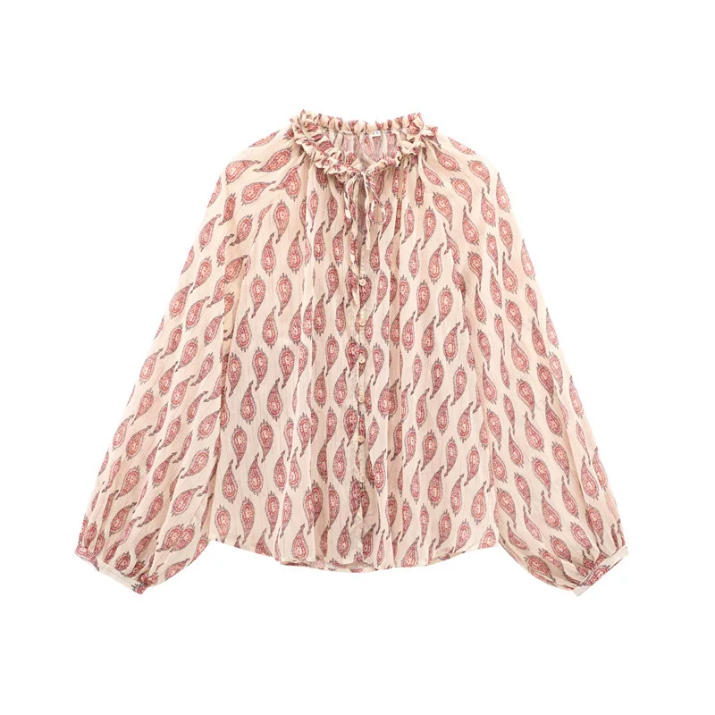 Spring New Women's Clothing Metal Line Printing Temperament Long-sleeved Lapel Shirt