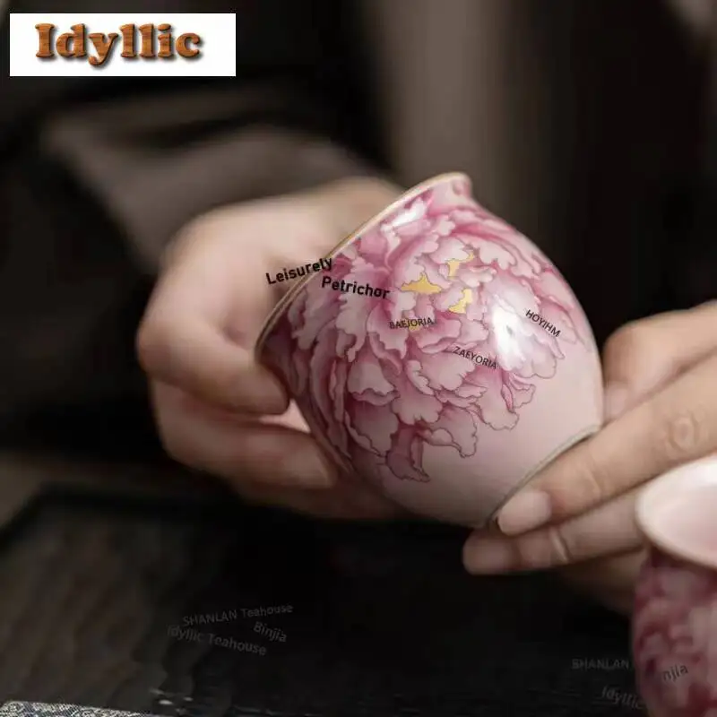 2pc/lot Antique Powder Ru Kiln Porcelain Teacup Peony Flower Pattern Master Cup Egg Tasting Tea Bowl Kung Fu Set Supplies 90ml