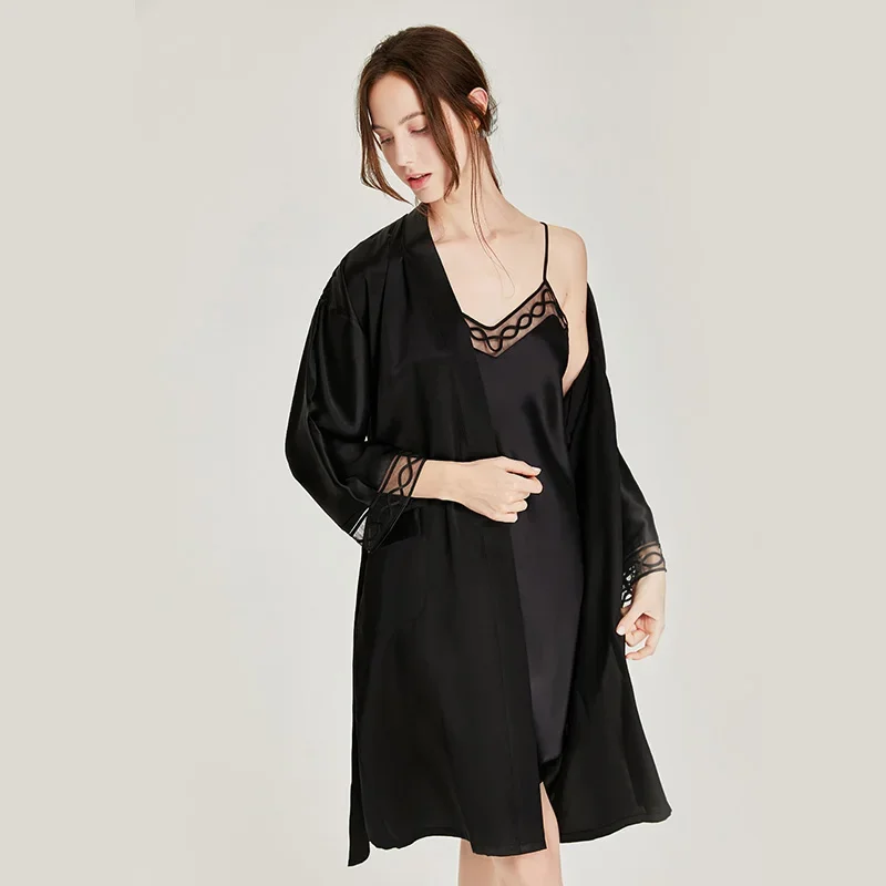 100% Mulberry Silk Sexy Long Sleeve Robe and Slip Nightdress Lace Bathrobe Camisole Nightgown Set Women's Sexy Lingerie Pajamas