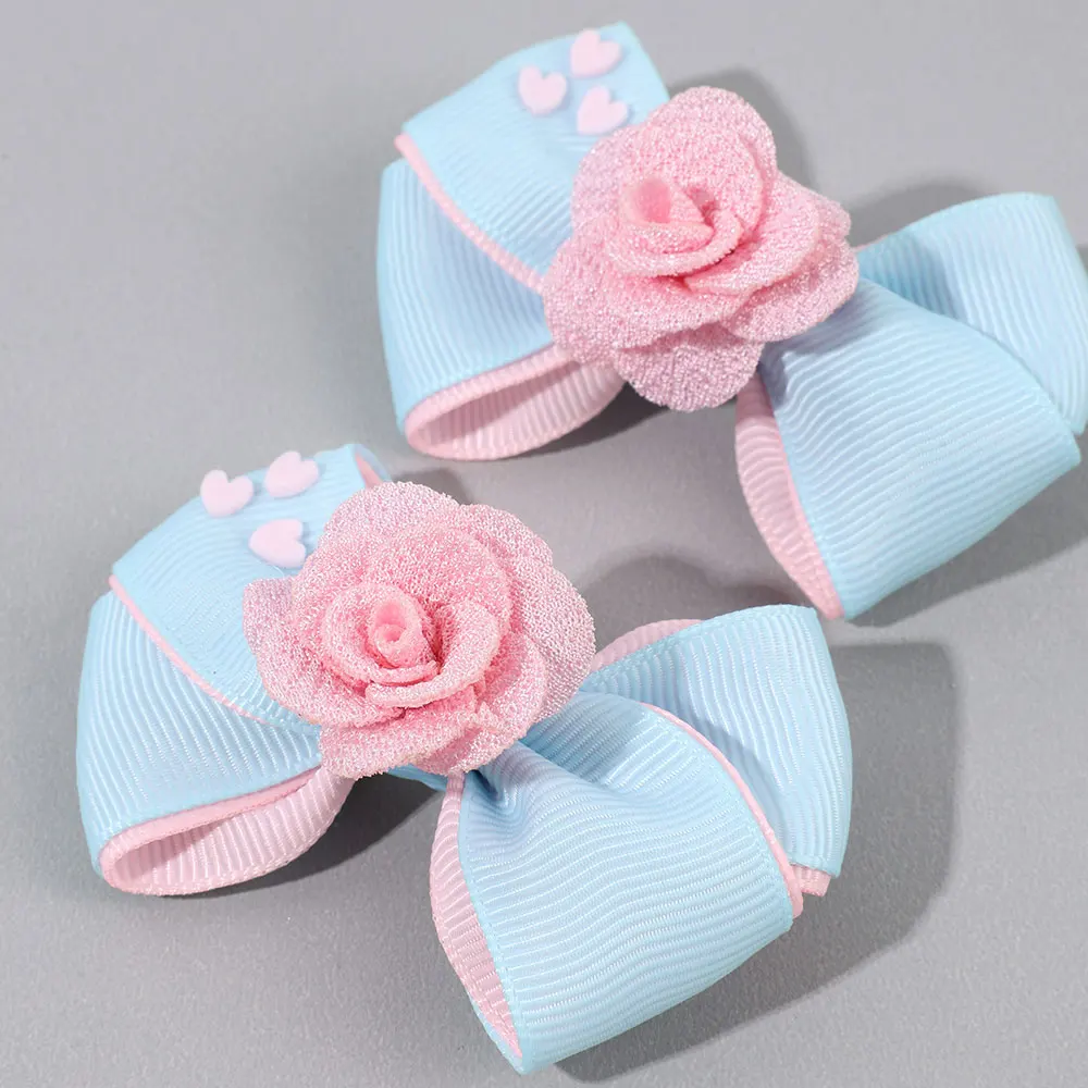 2Pcs Solid Ribbon Bow Hairpin Sweet Lace Flower Hair Clips For Girl Princess Barrettes Headwear Kids Headwear Accessories