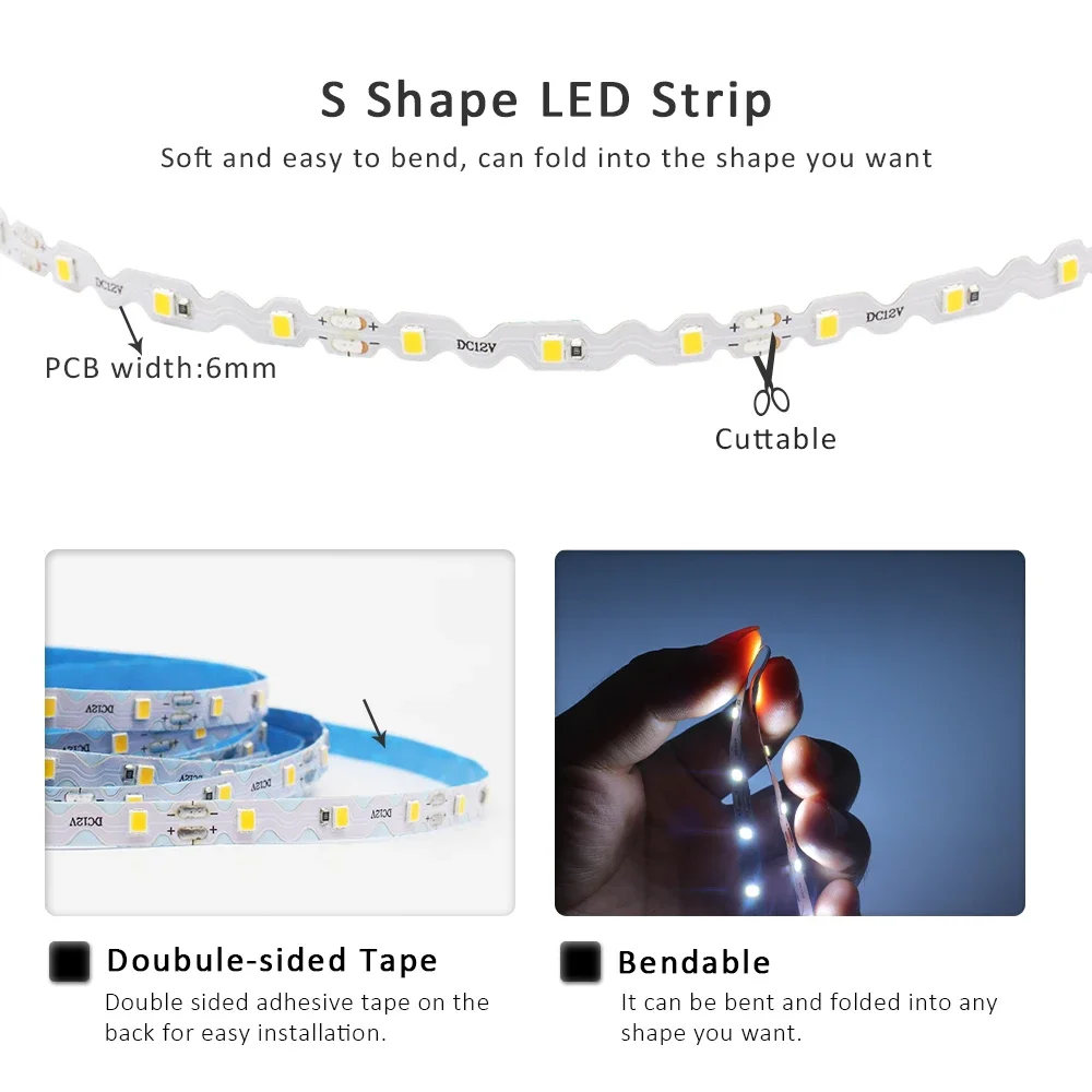 DC12V S Shape LED Strip Light 5M 10M SMD 2835 Free Bending 60LEDs/m Flex Ribbon for Letter Sign Backlight Warm White Tape Lamp