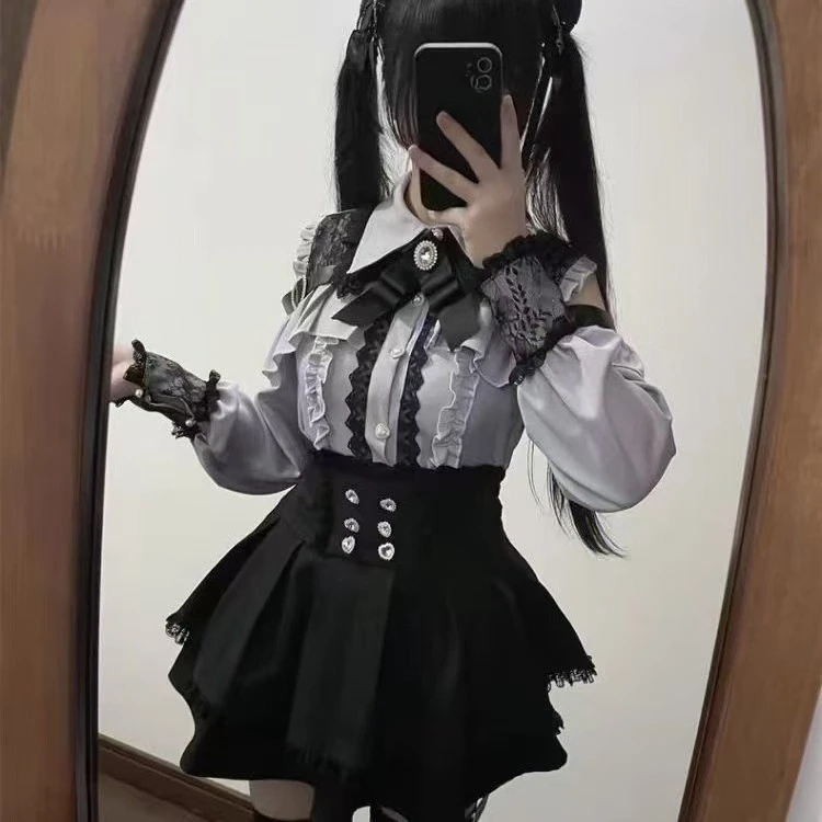 Y2k Aesthetic Lolita Style Bow Dress Shorts Set Japanese Women Gothic Lace Flare Sleeve Button Shirt Dress Punk Party Mini Dress 20 S8bf2eae4234942b9a3da4c6a332d4128g