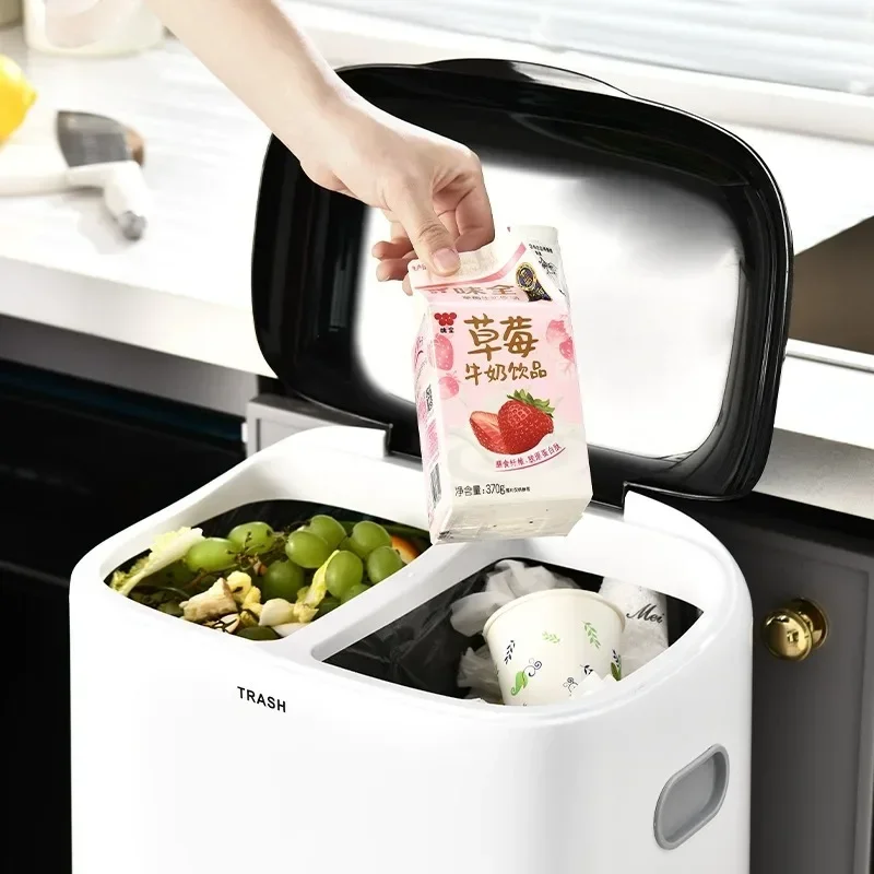 Kitchen trash can Household large-capacity thickened double-layer dry wet sorting trash  Foot-operated advanced sense trash can