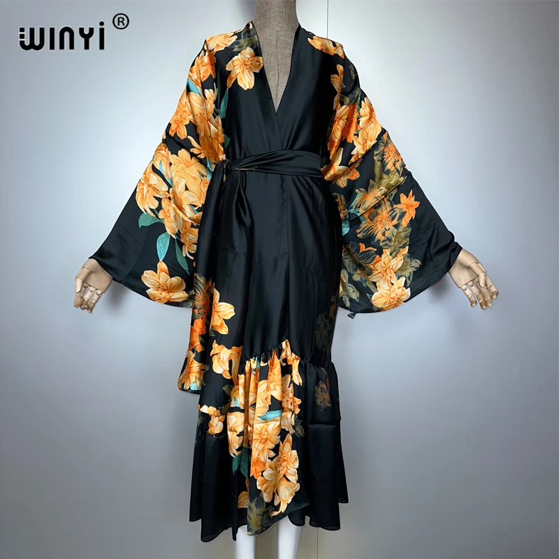 معطف كيمونو نسائي من WINYI مطبوع بحاشية فقاعية وأكمام طويلة سترة عباية دبي ملابس بحر فاخرة فستان بوهو قفطان