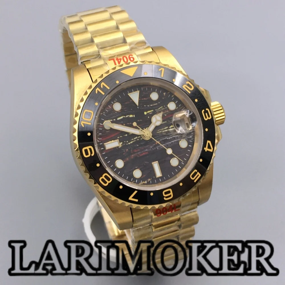 LARIMOKER 41MM Gold Men's Mechanical Watch NH35 Sapphire Glass Ceramic Bezel Meteorite Texture Luminous Dial Waterproof Watch