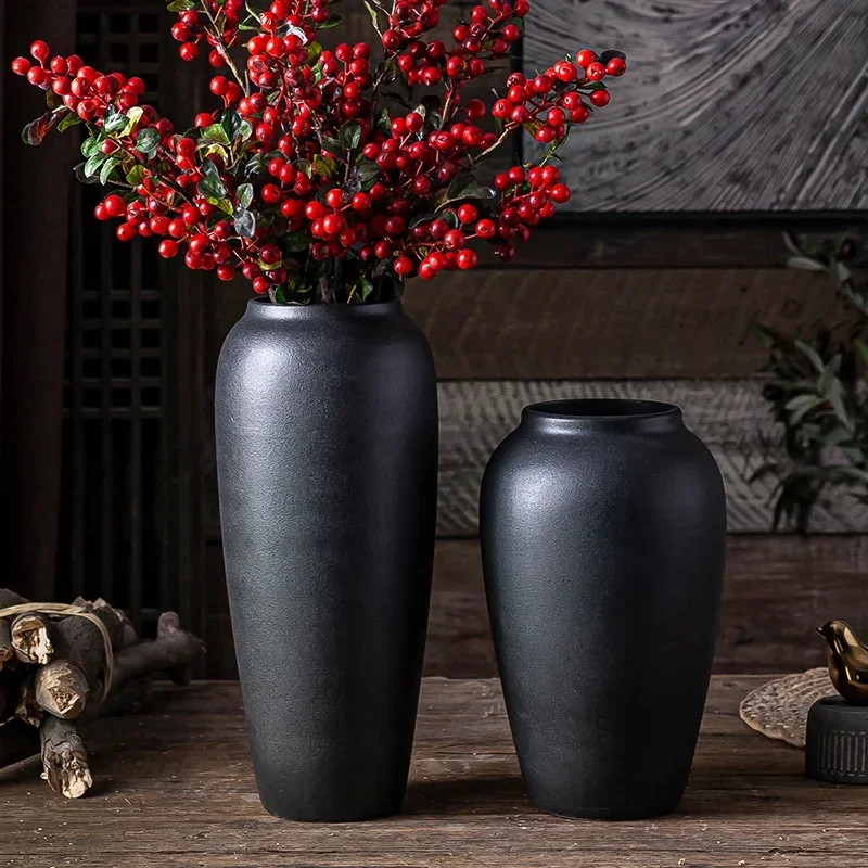 Vase coarse pottery retro black jar desktop ornament simulation flower silver willow floor large flower pot Chinese simple retro