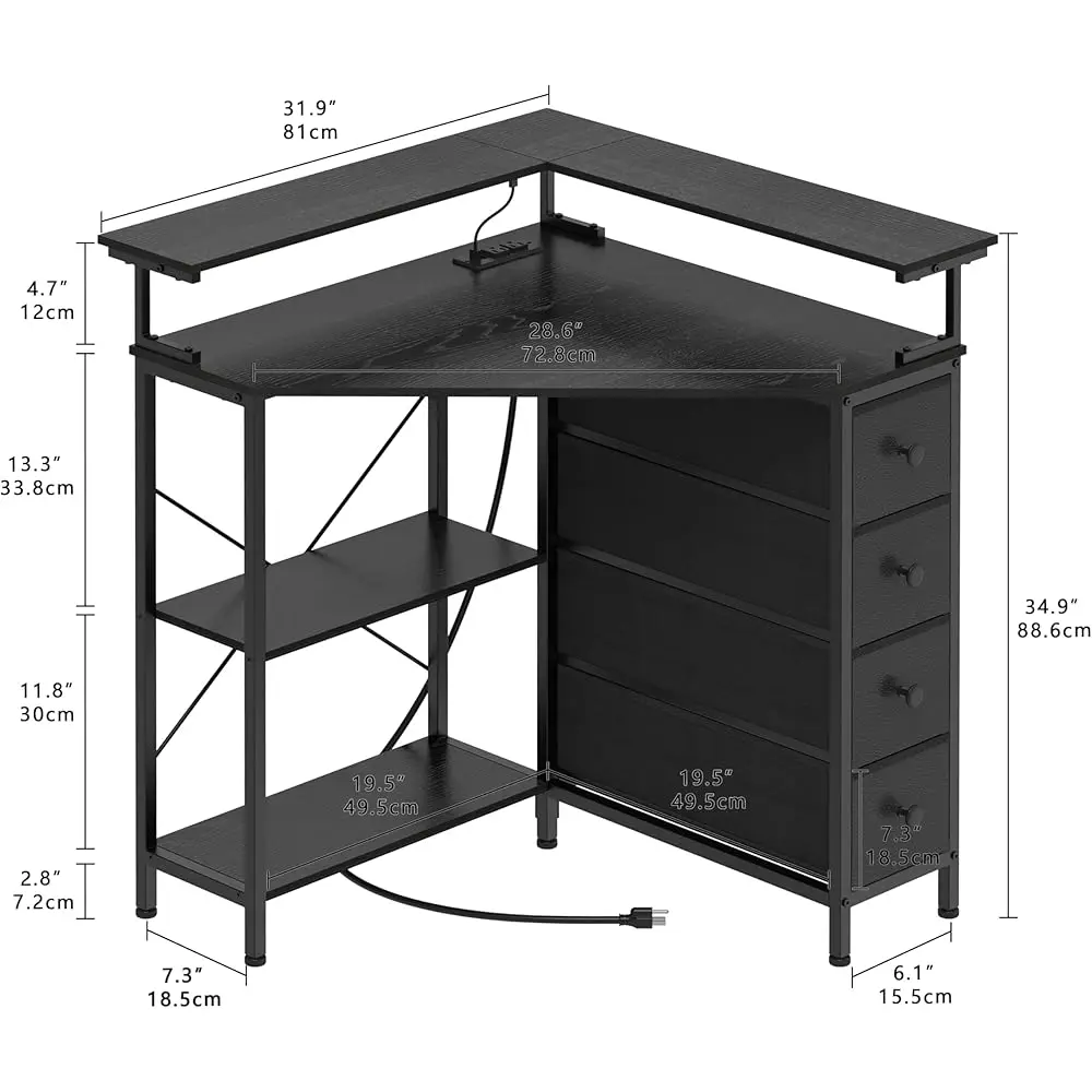 Corner Desk With Drawers Shelves For Small Space 90 Degrees Triangle Computer Desk With Power Outlets,Gaming Desk With Led