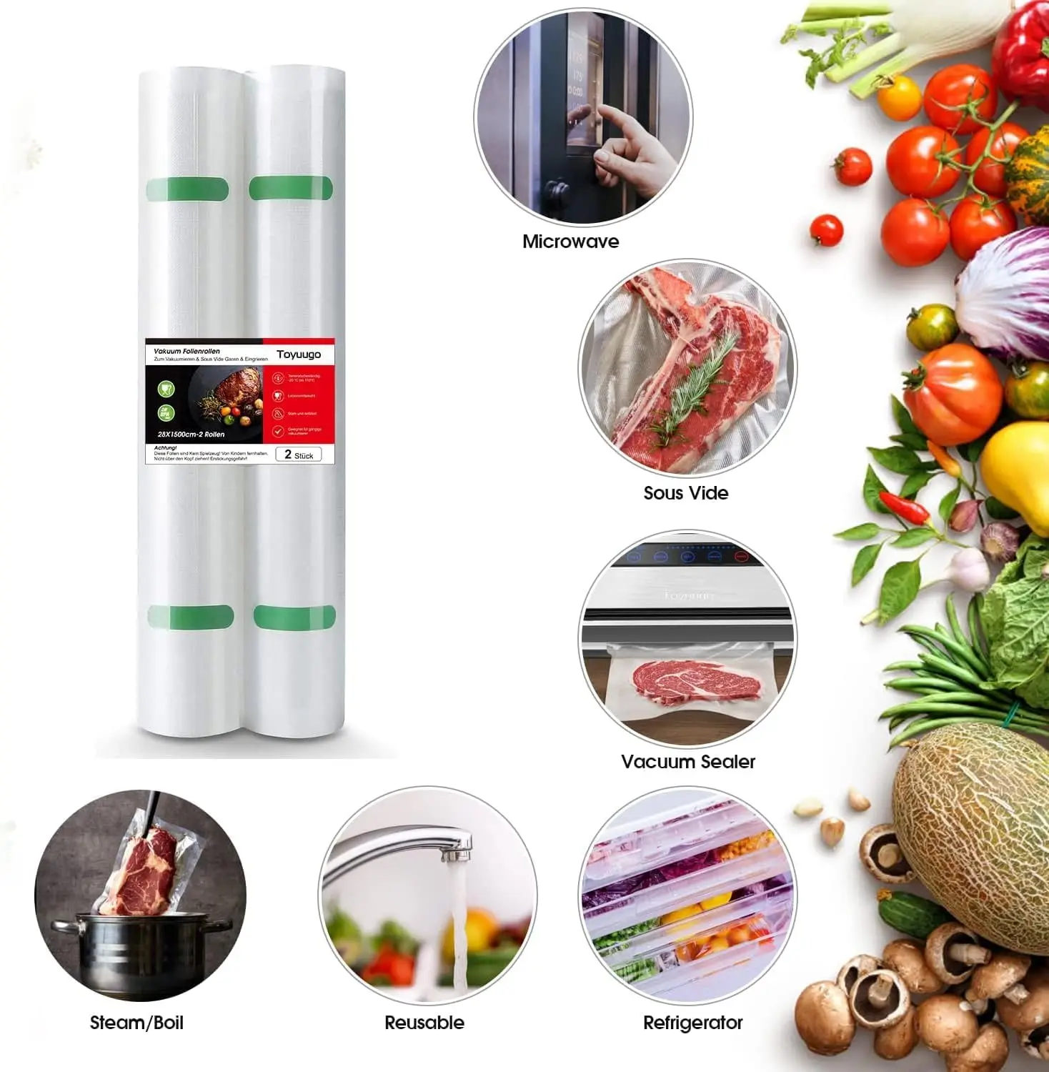 진공 실러 백, 2롤 더 두꺼운 헤비 듀티 상업용 품질 식품 보호용 질감 진공 실러 백 Sous Vide Cooking