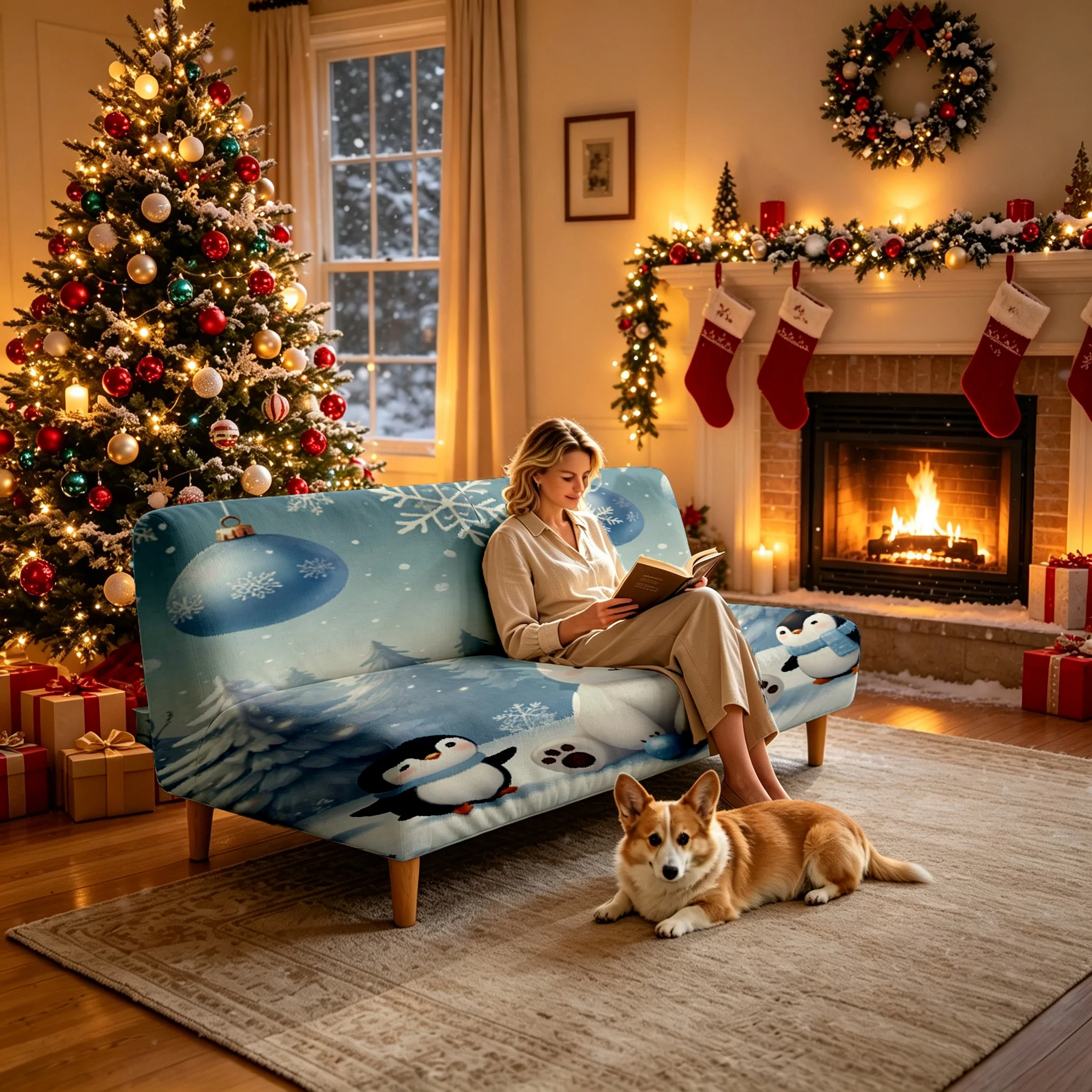 1PC Christmas Snow Cartoon Animal Printed Elastic Folding Sofa Bed Cover Holiday landscape Decoration Armless Sofa Bed