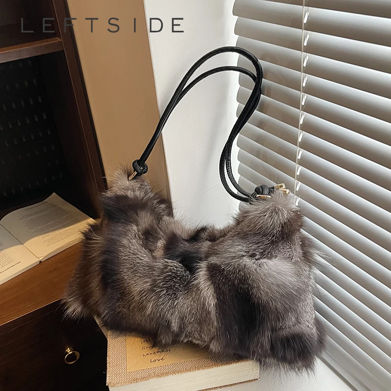 

Левая сторона, женские сумки на плечо из натурального меха, 2024, роскошные брендовые дизайнерские плюшевые сумки и кошельки, мягкая теплая зимняя сумка подмышками