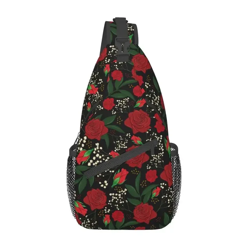 Vintage Red Roses White Flower Sling Chest Crossbody Bag Men Cool Floral Pattern Shoulder Backpack for Camping Biking