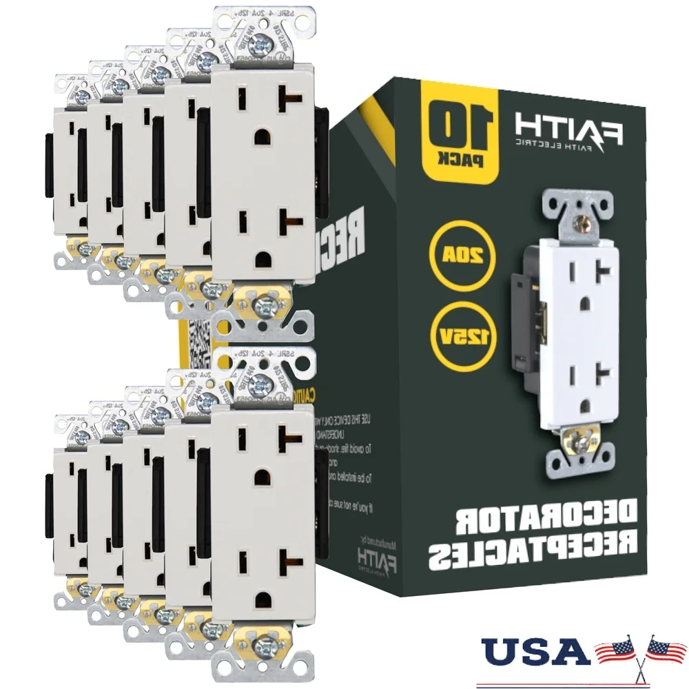 

Набор из 10 дуплексных розетки, негерметизирующая, 3-контактная, самозаземляющаяся, 20 А, 125 В, внесенная в список UL, простая установка, электрическая розетка