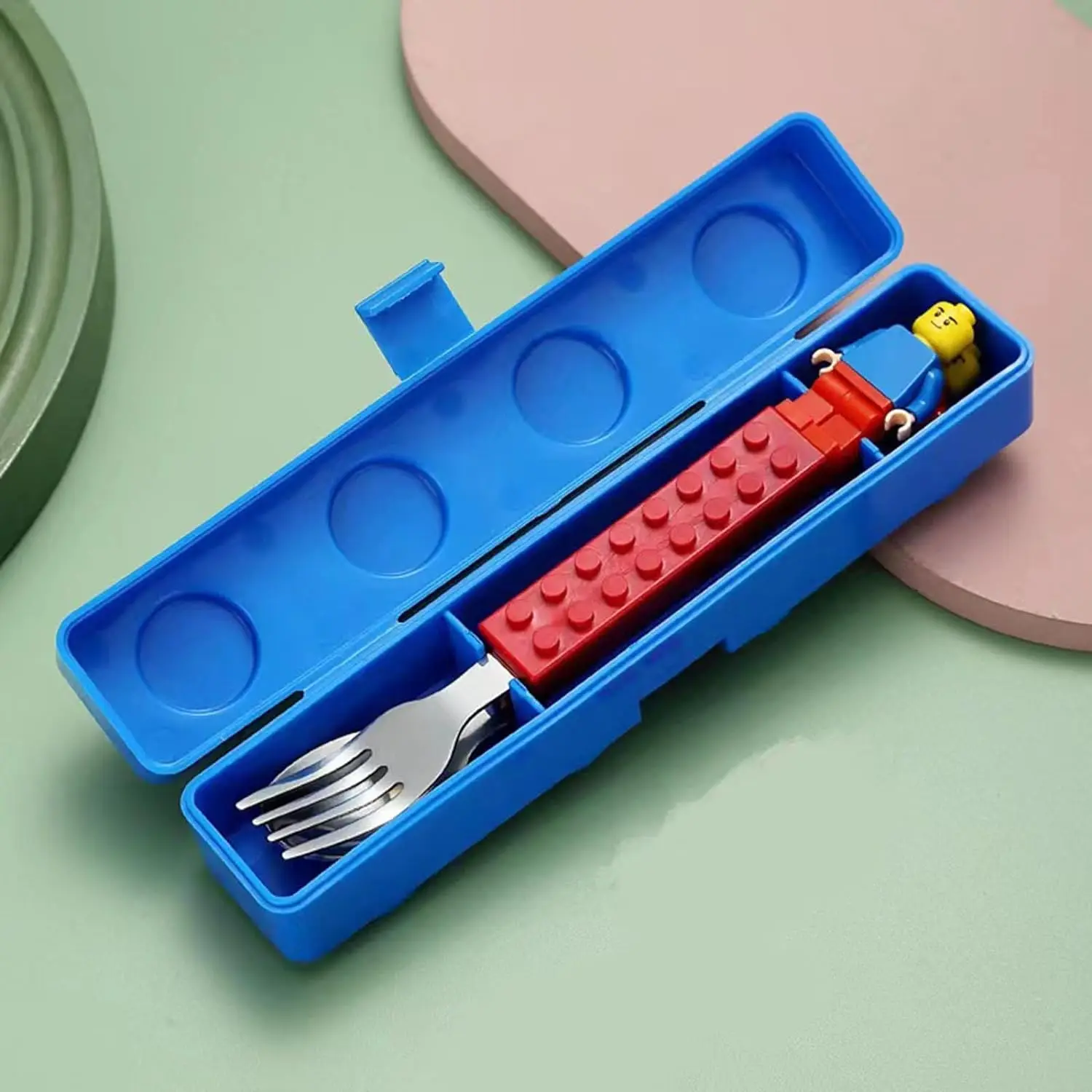 Stainless Steel Fork Spoon Set Childrens Building Blocks Toy Lunch Box Cartoon Steel Tableware Portable Puzzle Storage Box