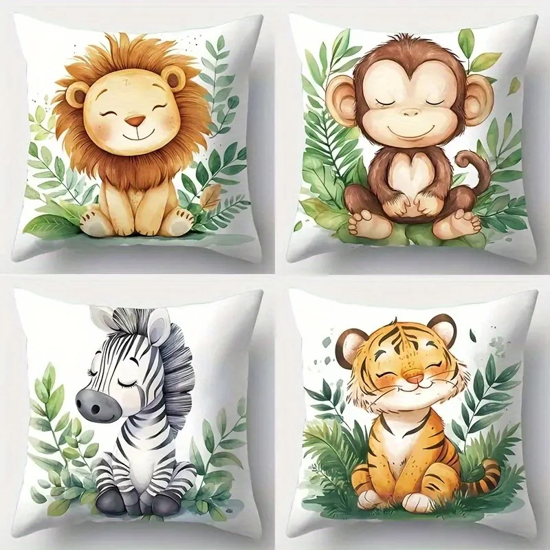 Aesthetic Safari Animal Pillow Set 4PCS Nursery Decor Cute Watercolor Lion Monkey Tiger Zebra Throw Cushion Kids Room Home