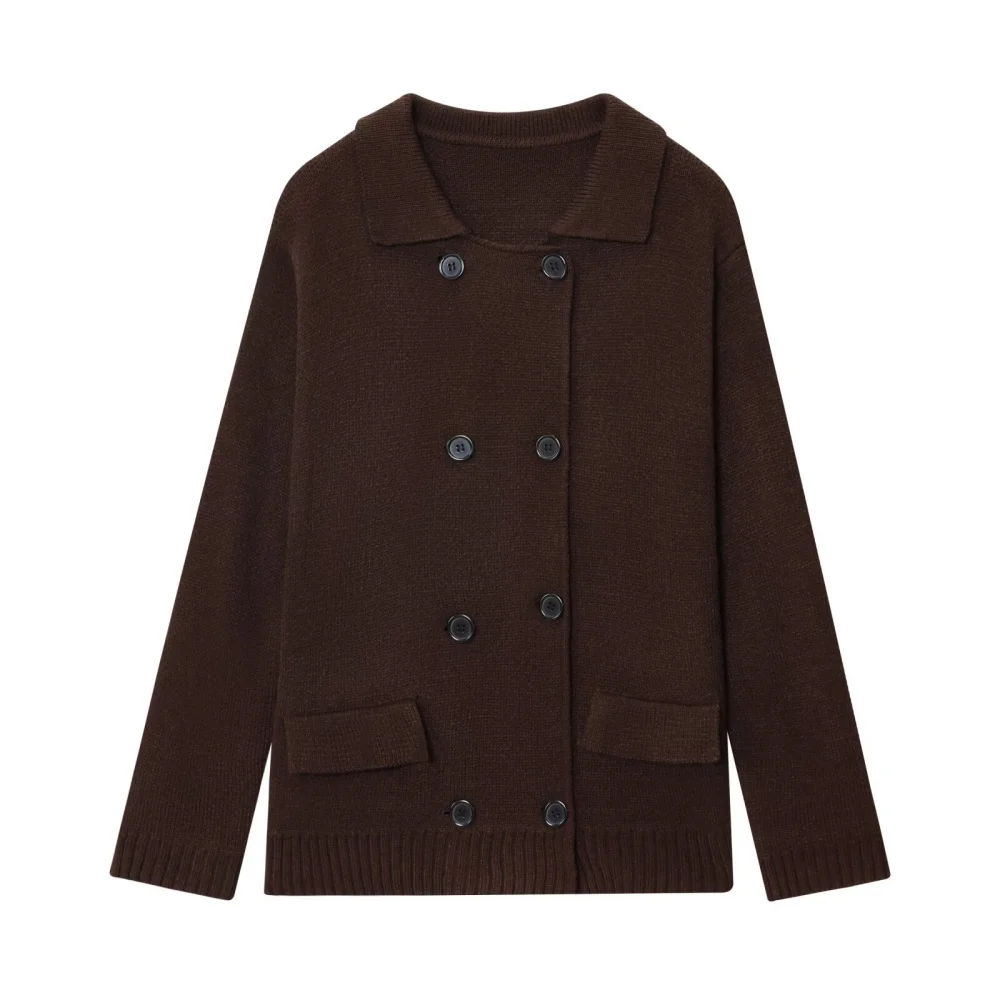 

Новая женская модная повседневная универсальная двубортная вязаная куртка-кардиган с длинными рукавами и лацканами