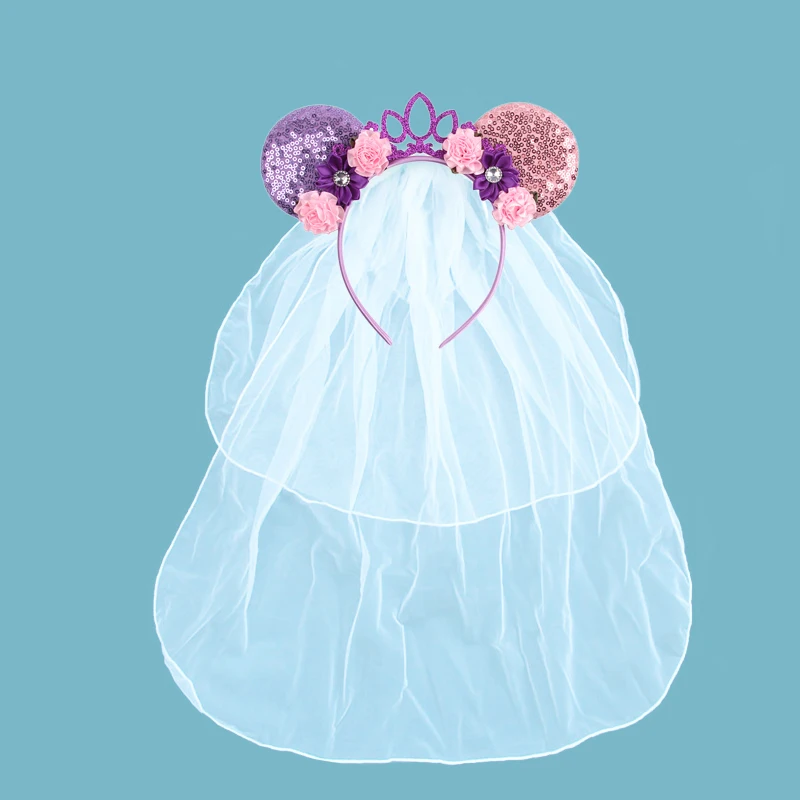 New White Day Mouse Ears Hairband With Veil Sequins 5\