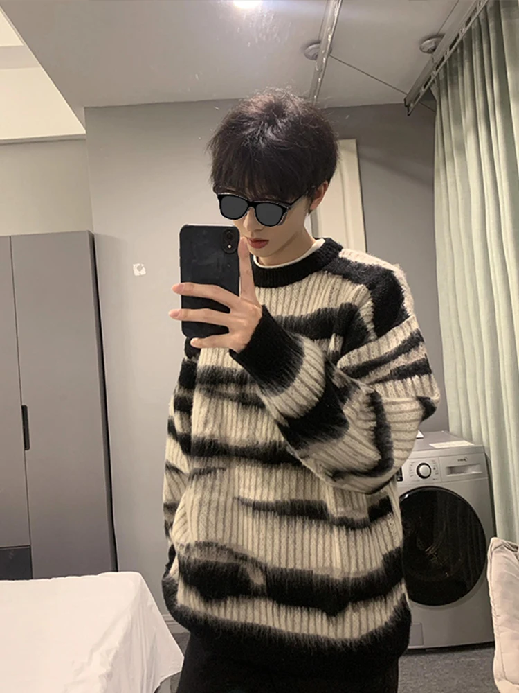 

Autumn Winter Oversize Knitted Sweater Striped Sea Hair Contrast Color Men Women Lazy American Retro Sle Coat Jaet