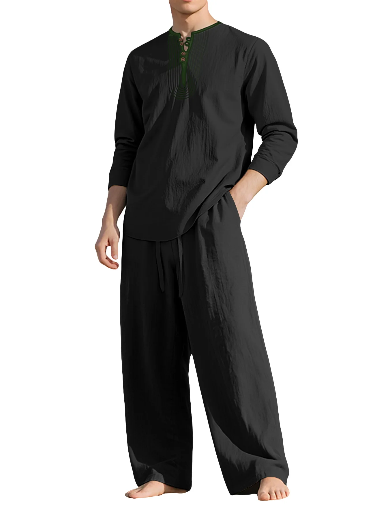 

Американский стиль, четыре сезона, модные мужские повседневные модные льняные комплекты из 2 предметов, футболки с длинными рукавами, широкие брюки, мужская одежда