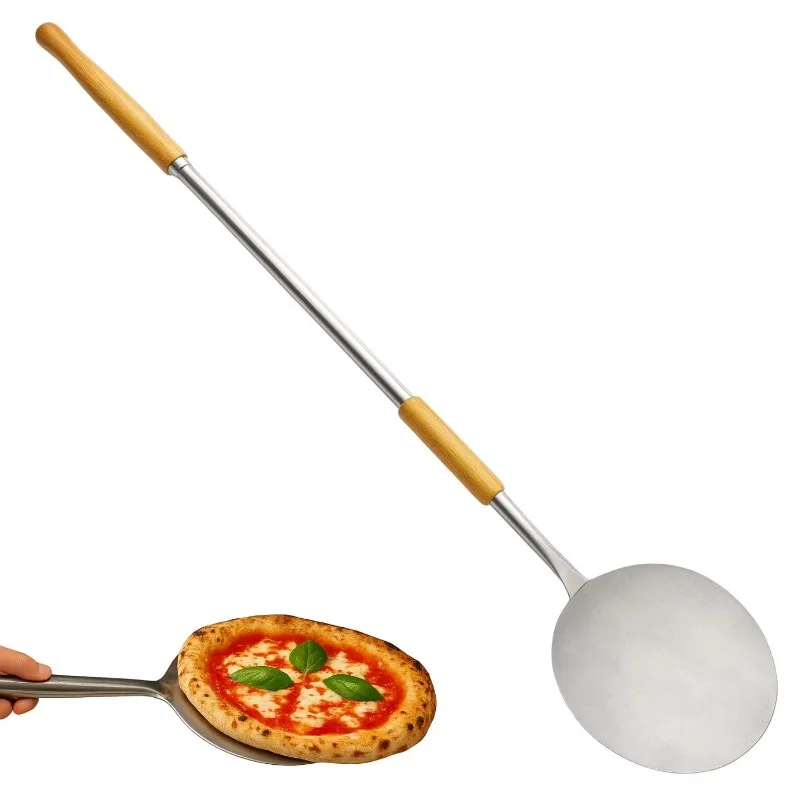 Round pizza cutter 158cm long 18cm diameter, stainless steel with beech handle, suitable for oven use