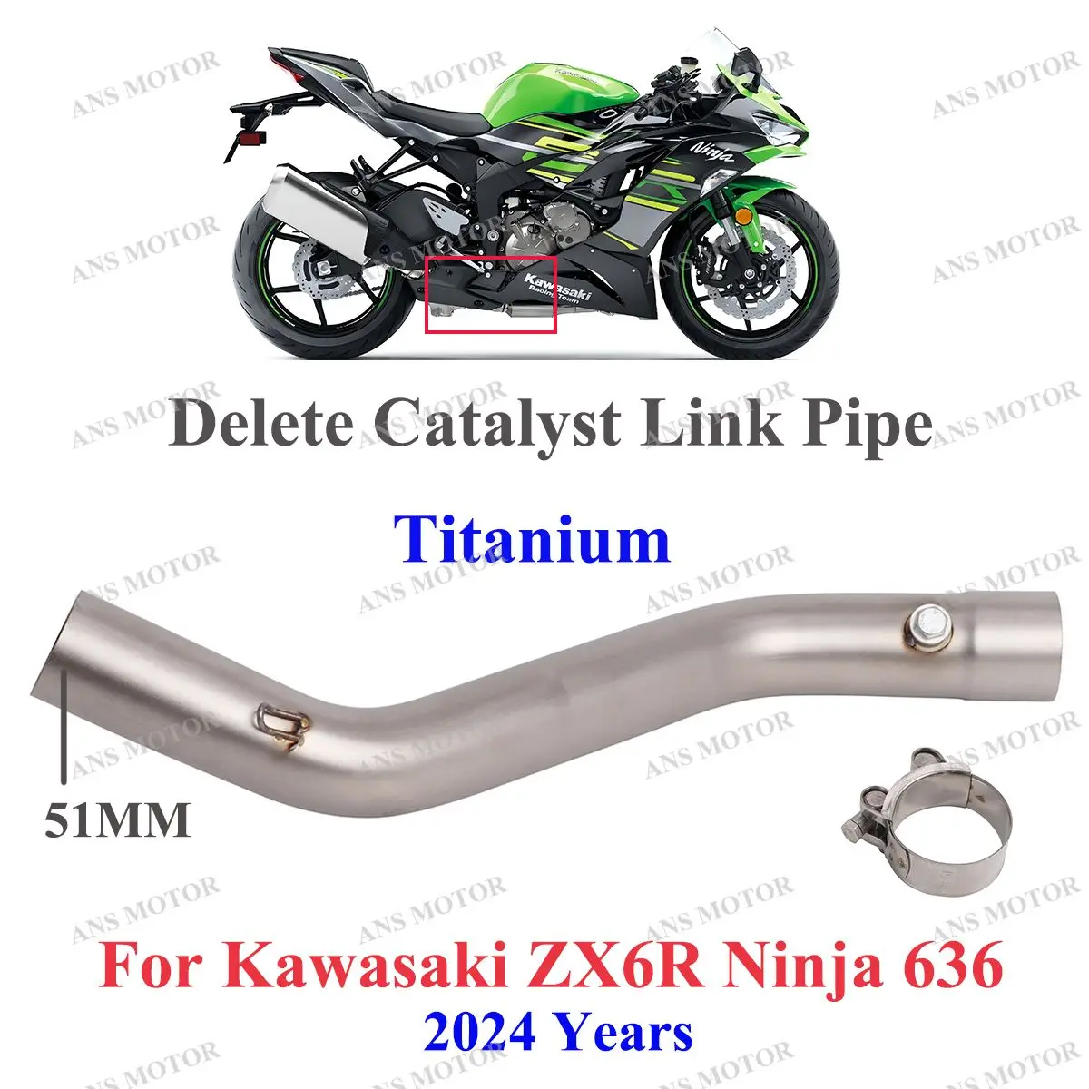 

For Kawasaki ZX6R Ninja 636 2024 Motorcycle Exhaust Middle Link Pipe Escape Muffler Exhaust 51MM Titanium