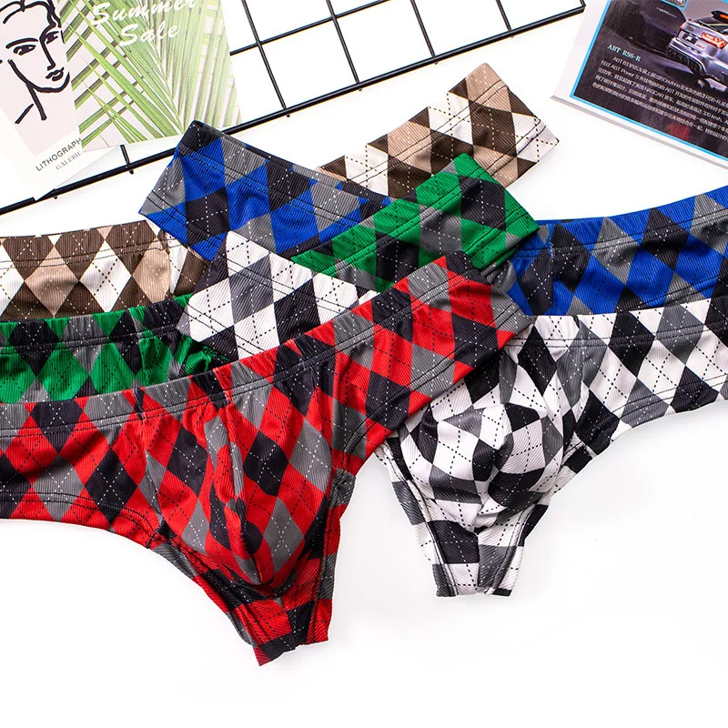 Plaid Printed Ice Silk Threaded Mens Panties Youth Sexy Breathable Mens Breathable Thong