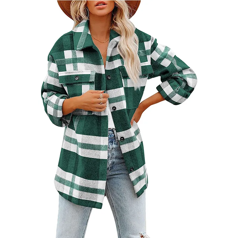 Women's Clothing 2021 Autumn/Winter New Flannel Plaid Collar Button Up Jacket Shirt