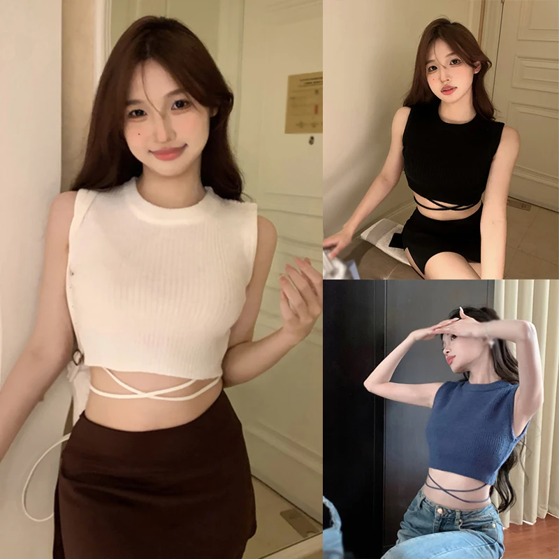 Summer Women\'s Solid Color Round Neck Cross Strap Sexy Slim Fashion Crop Knit Sleeveless Vest Crop Top Knitted Sleeveless Top