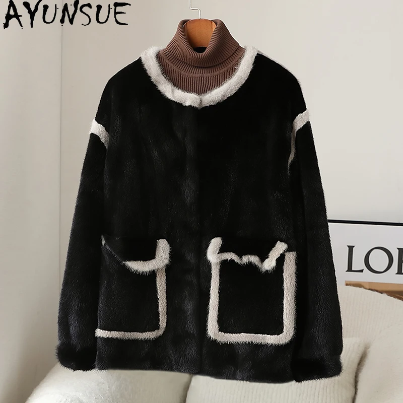 

AYUNSUE Mink Fur Coat Woman Short 2025 Winter Coat for Woman Black Fur Coat Korean Style Clothes Female Echtpelz Mantel Damen