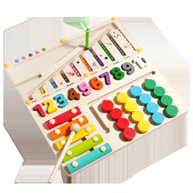 Aides pédagogiques Montessori pour l'éducation précoce, multifonction, quatre en un, perles éducatives, labyrinthe, jouets en bois pour bébés et enfants
