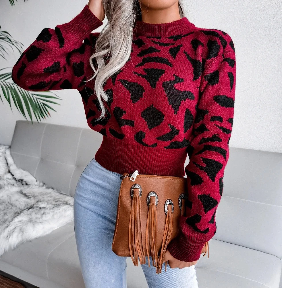 

Autumn Winter Leopard Pattern Sweater Casual Women Round Neck Long Sleeve Knitted Short Pullover