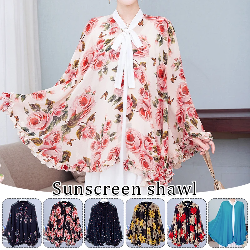 

2023 Summer Sunscreen Clothes Women Flower Printed Cycling Cloak Shawl Coat Chiffon Cloak Shawl Thin Style Lady Poncho Capes