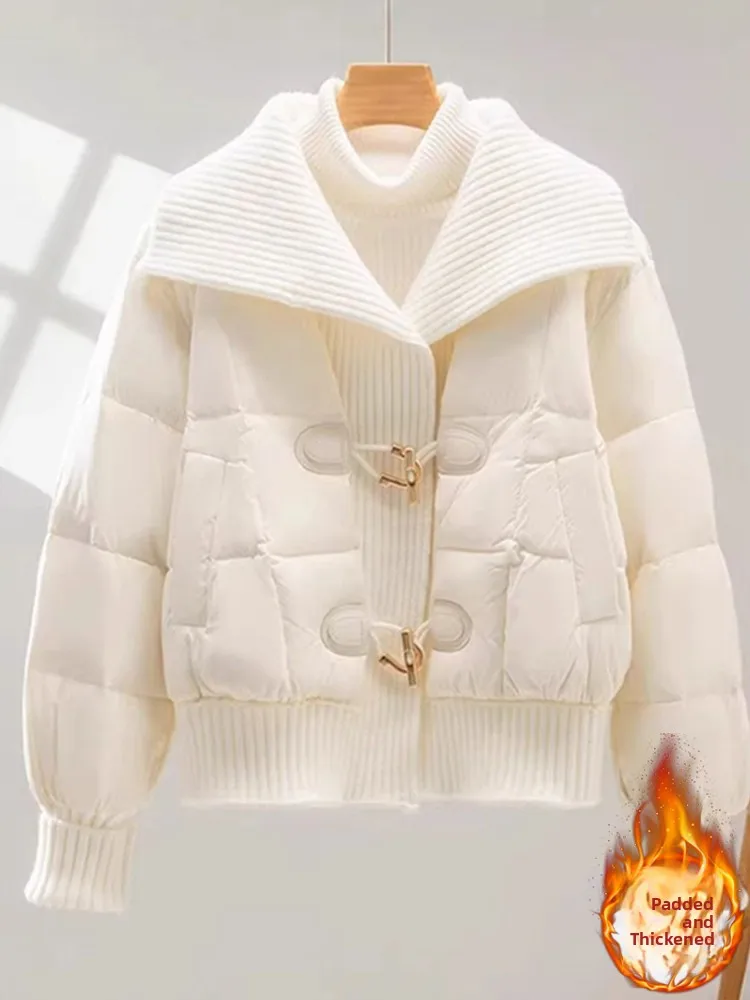 

Белая вязаная куртка с воротником-стойкой и наполнителем из хлопка, женская, короткая, зимняя, новинка, теплая, модная верхняя одежда