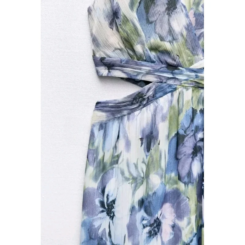 Wiosna Nowość Słodki Pikantny Sle Svel Dekolt w Serek Odkryte Plecy Metaliczny Kolor Linia Nadruk Dr Sexy Odkryty Brzuch 288788