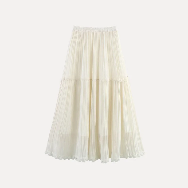 

Spring 2025 High Waist Midi Skirt Faionable Lace Pleated Long Skirt Ele Street Sle Polyester Fiber Z Brand