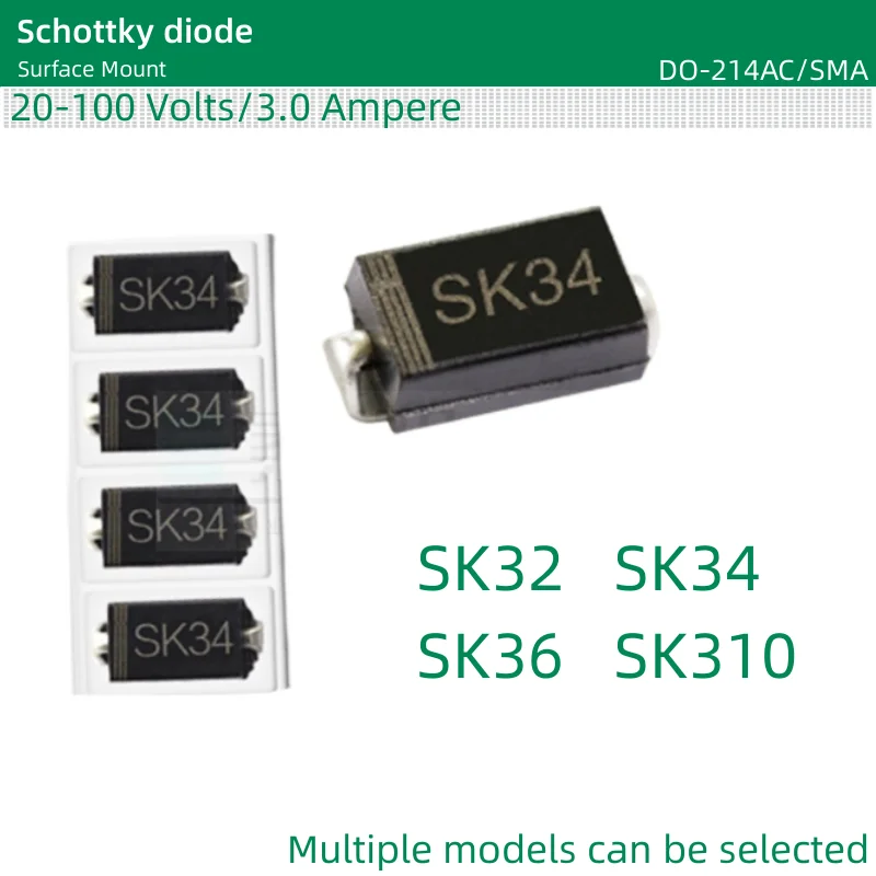 Diodo de montagem em superfície Schottky, 20 a 100 volts, 3,0 ampères, DO-214AC, SMA, SK32, SK33, SK34, SK35, SK36, SK38, SK310, 50pcs por lote