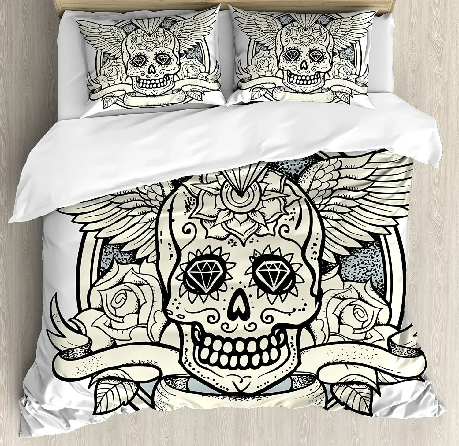 Sugar Skull Duvet Cover Set,Illustration of Calavera Diamond and Roses Vintage Revival Design, Decorative 3 Piece Bedding Set