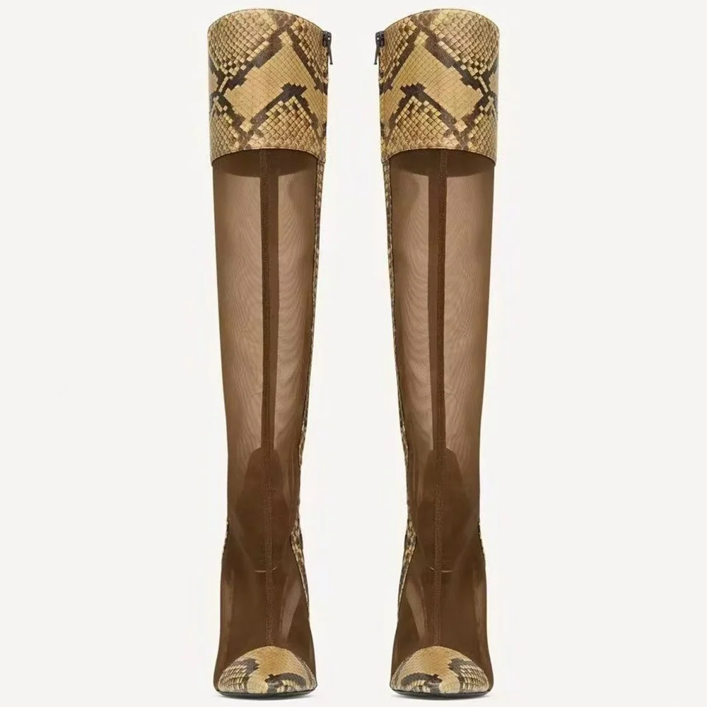Yellow Snake Print Mesh Knee High Stiletto Boots Pointed Toe Transparent Mesh Shaft Fold Over Top Design Sexy Retro Party Boots